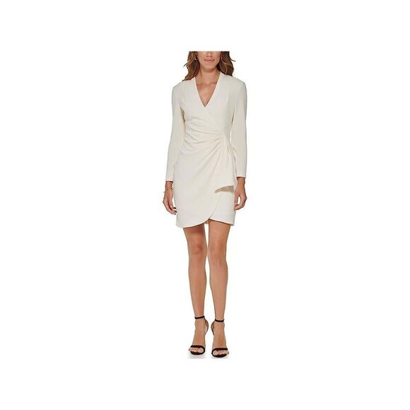 Dkny Wrap Dress Women's 16 Beige Pleated-Waist Long Sleeve V-Neck Preppy ERK1214 - Picture 1 of 8